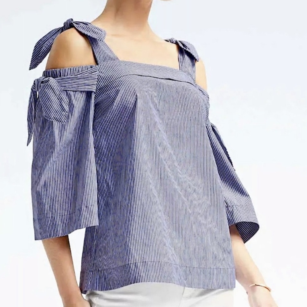Banana Republic Double Bow Cold Shoulder Striped Top Blue White Coquette Stripe - Picture 7 of 13
